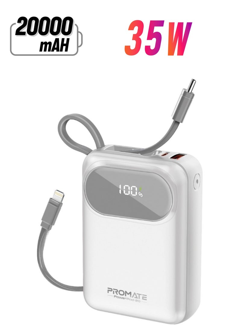 PROMATE - 20000 mAh 20000 mAh Power Bank, Universal Ultra-Compact Portable Charger, 27W Lightning Cables, Built-In 35W USB-C Power Delivery, 22.5W USB-A QC 3.0 Port For iPhone 16, Galaxy S25, Powerpod-20 - White - Image 1