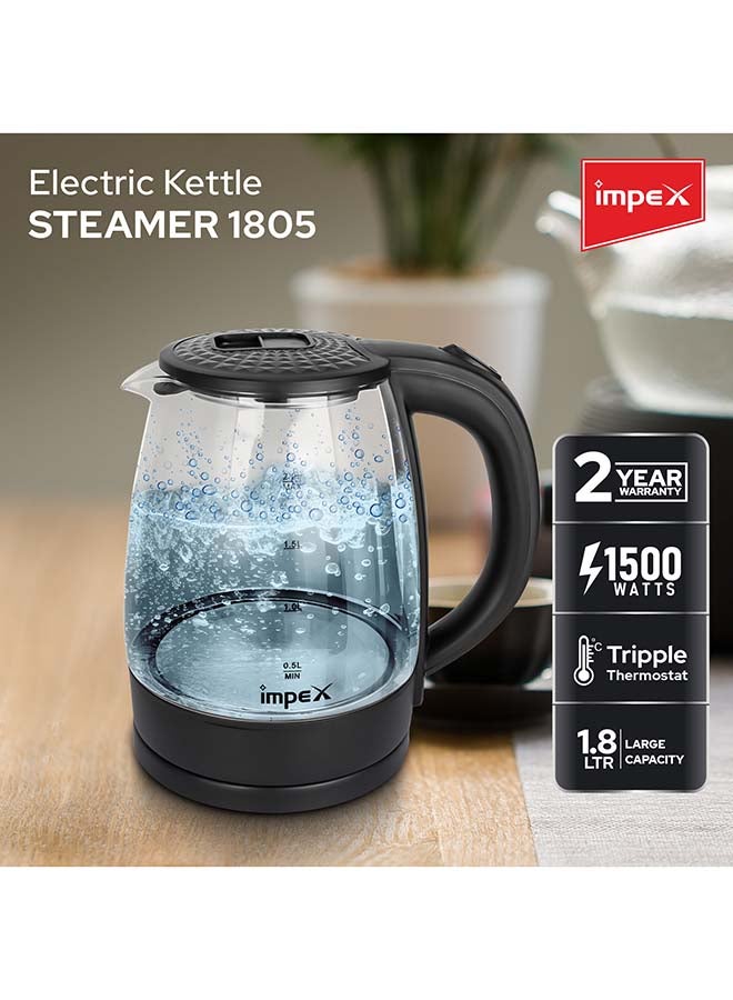 Impex - Electric Glass Kettle, High Boron Glass, 360°C Rotatable Base, Triple Thermostat ,Working Indicate - 1.8 L 1500 W Steamer 1805 Black - Image 1
