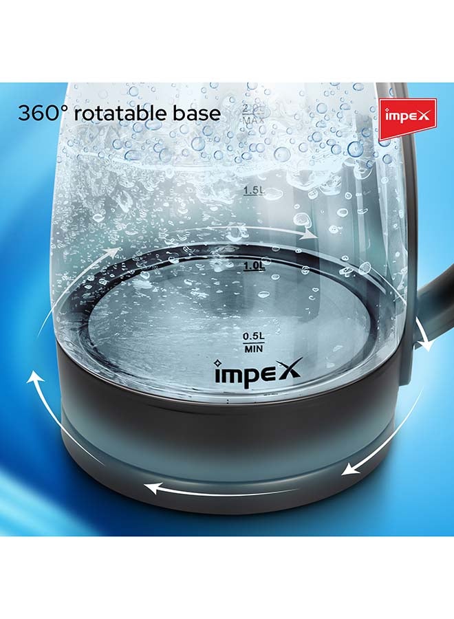 Impex - Electric Glass Kettle, High Boron Glass, 360°C Rotatable Base, Triple Thermostat ,Working Indicate - 1.8 L 1500 W Steamer 1805 Black - Image 1