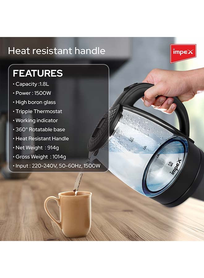 Impex - Electric Glass Kettle, High Boron Glass, 360°C Rotatable Base, Triple Thermostat ,Working Indicate - 1.8 L 1500 W Steamer 1805 Black - Image 1