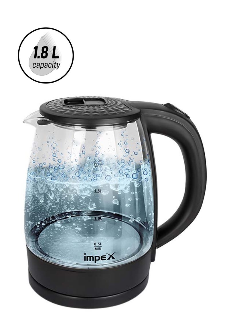 Impex - Electric Glass Kettle, High Boron Glass, 360°C Rotatable Base, Triple Thermostat ,Working Indicate - 1.8 L 1500 W Steamer 1805 Black - Image 1