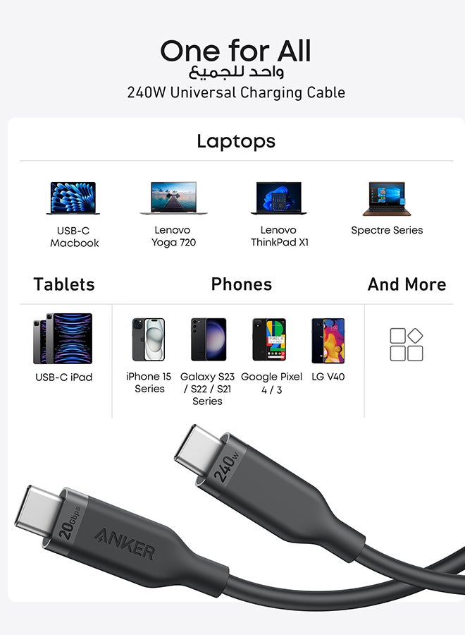 USB 4 Gen 2 Cable, 20 Gbps Data Transfer, 4K HD Display, 3 ft Bio-Based 240W Charging USB C to USB C Cable, Type C for iPhone 16/15, Samsung, Huawei, USB-C Laptops, Hubs, Docks, and More Black