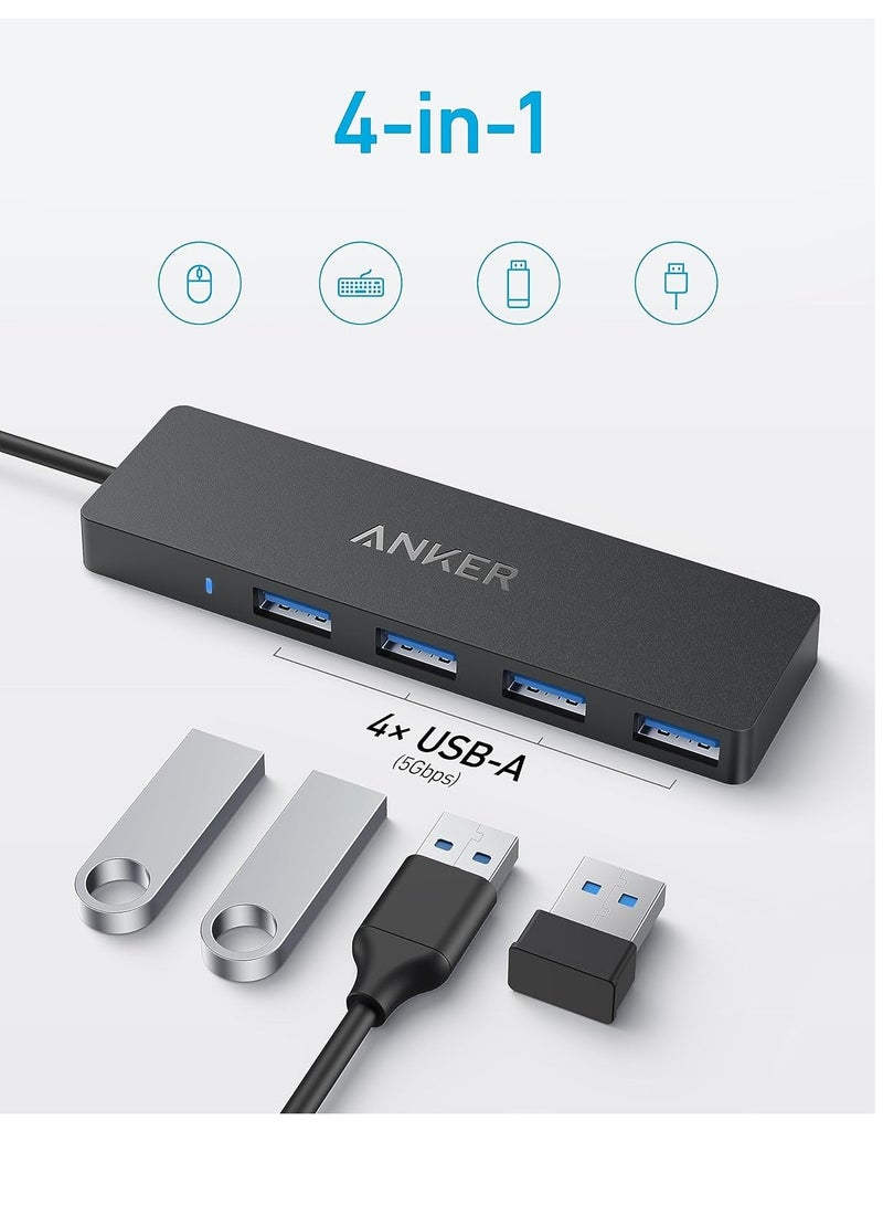 Anker - 4-Port USB 3.0 Data Hub, Ultra-Slim 5Gbps USB-C OTG Hub with 20 cm Extended Cable, For MacBook, Mac Pro, Mac mini, iMac, Surface Pro, XPS, PC, Flash Drive, Mobile HDD (Charging Not Supported) Black - Image 1