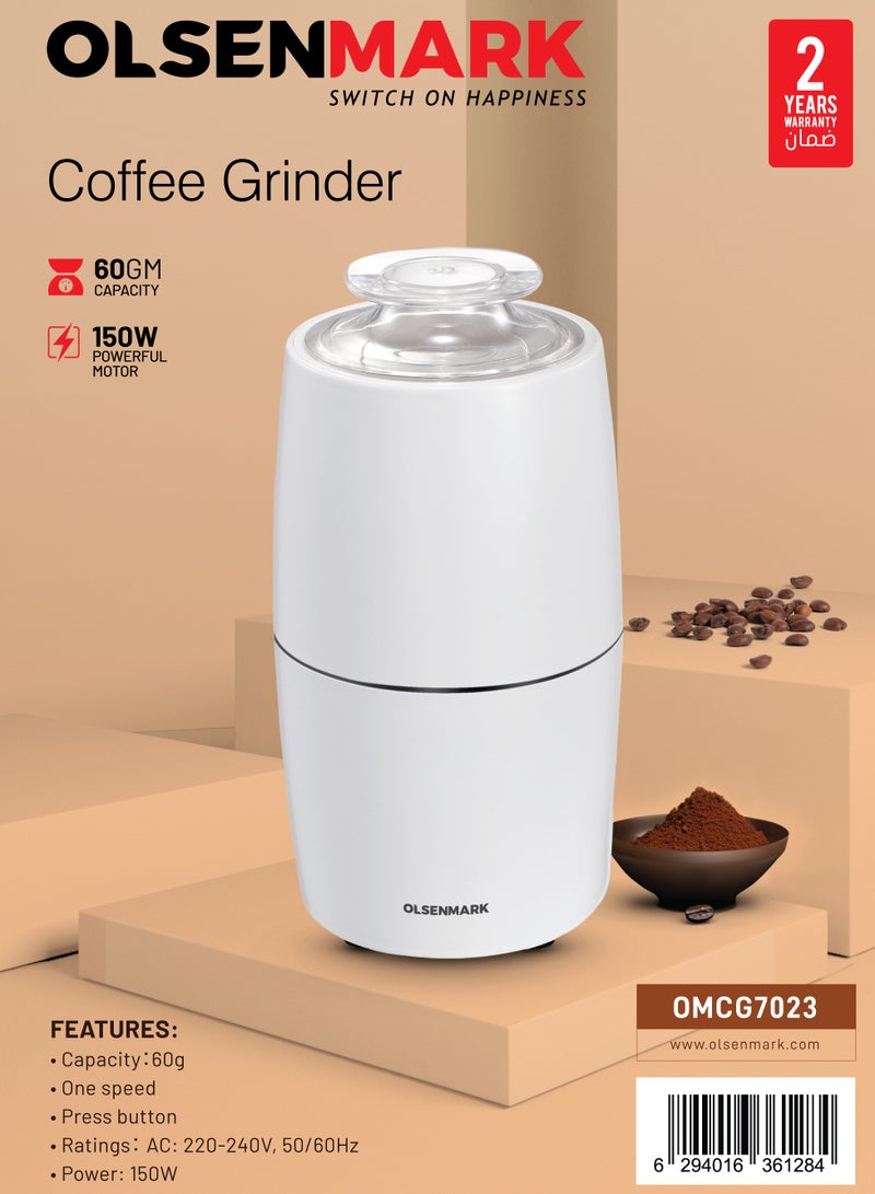 أولسنمارك Coffee Grinder  60 g Capacity, 150W Powerful Motor, Durable Jar and Blade, Ergonomic Grip 0.06 kg 150 W OMCG7023 white  - Image 1