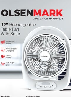 Olsenmark Olsenmark 12" Rechargeable Table Fan with Solar Panel OMF1848, Working Time up to 10 Hours, 3 Speed Controls and 5 Leaf Blades OMF1848 white  - Image 1