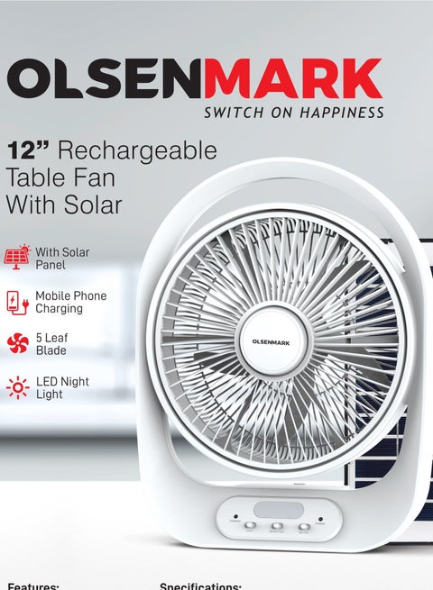 Olsenmark 12" Rechargeable Table Fan with Solar Panel OMF1848, Working Time up to 10 Hours, 3 Speed Controls and 5 Leaf Blades OMF1848 white