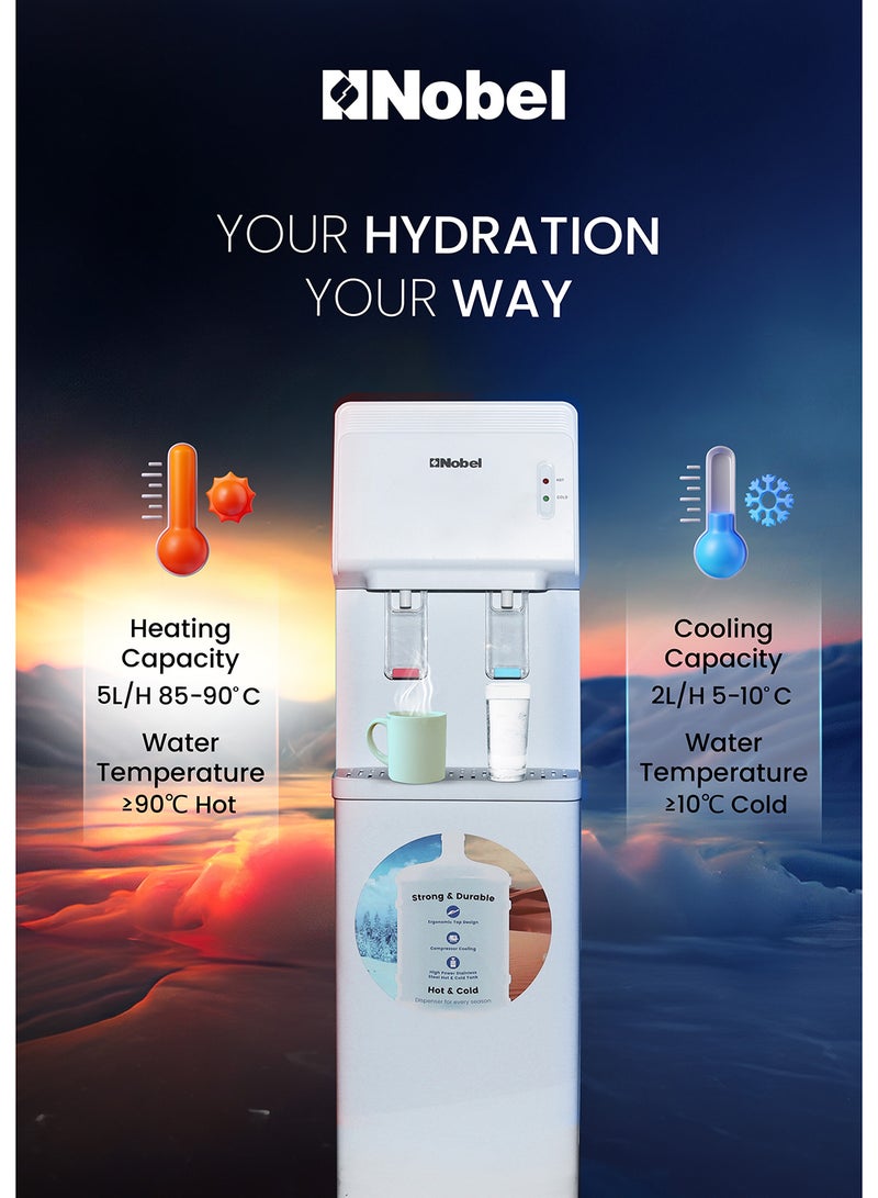 Nobel Water Dispenser, Hot & Cold, 2 Taps, Compressor Cooling, 5L/H Heating, 2L/H Cooling, Silicon Water Outlet Pipes NWD1603 White  - Image 3