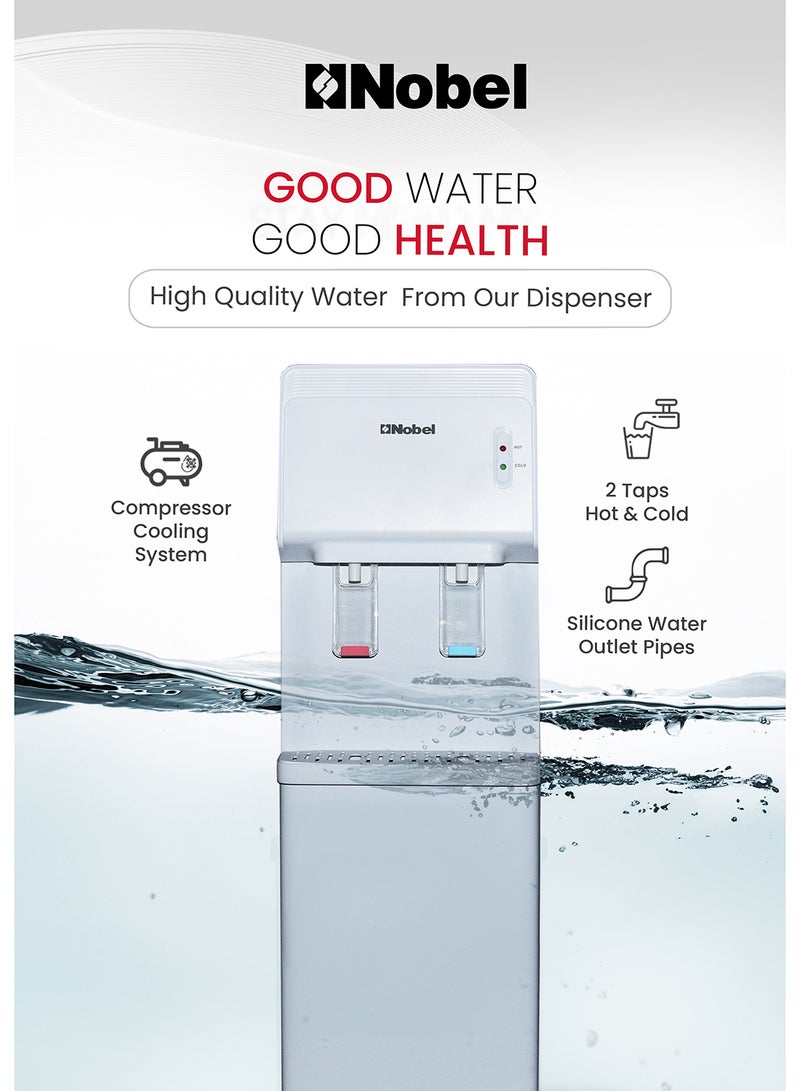 Nobel Water Dispenser, Hot & Cold, 2 Taps, Compressor Cooling, 5L/H Heating, 2L/H Cooling, Silicon Water Outlet Pipes NWD1603 White  - Image 4
