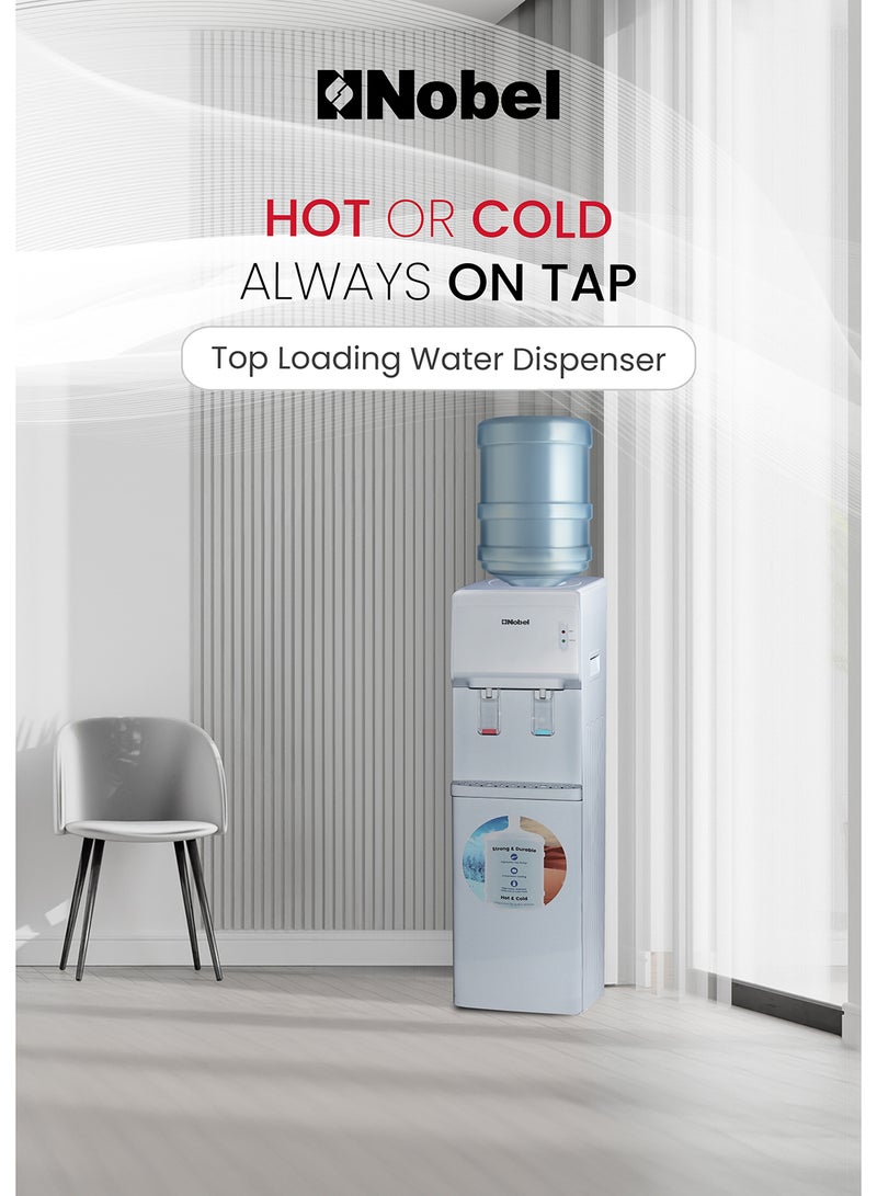 Nobel Water Dispenser, Hot & Cold, 2 Taps, Compressor Cooling, 5L/H Heating, 2L/H Cooling, Silicon Water Outlet Pipes NWD1603 White  - Image 2