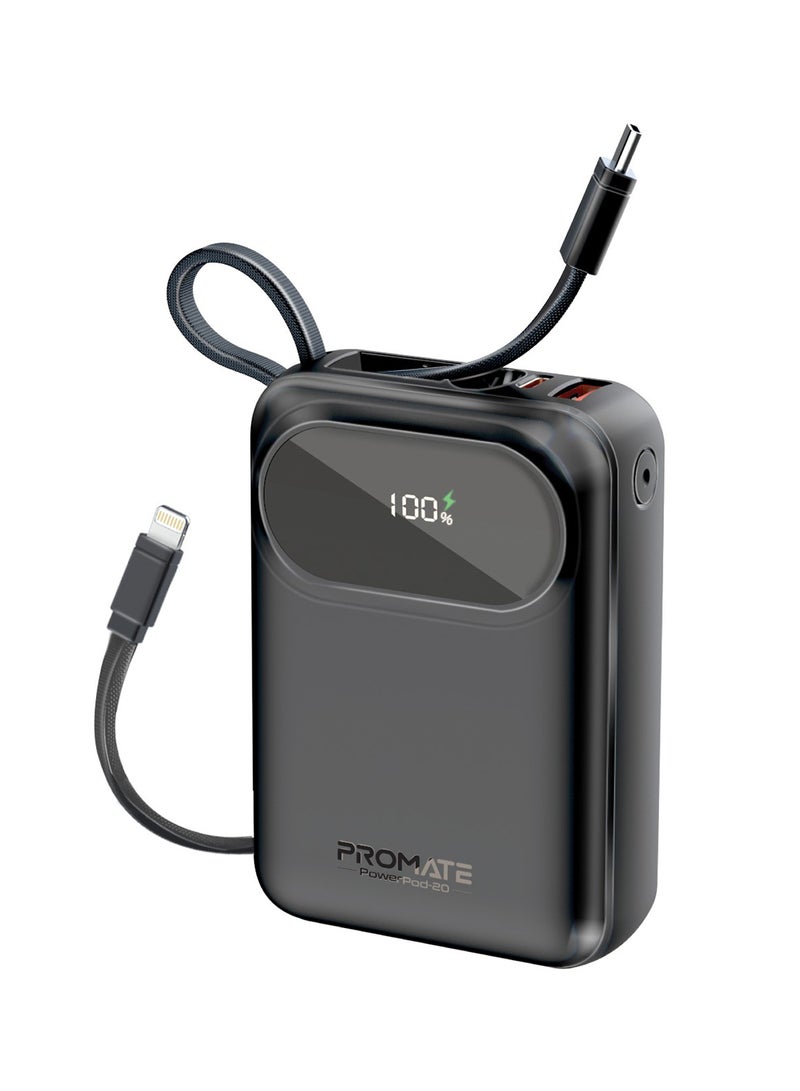 بروميت بنك الطاقة، شاحن محمول عالمي صغير الحجم، كابلات Lightning بقدرة 27 وات، توصيل طاقة USB-C مدمج بقدرة 35 وات، منفذ USB-A QC 3.0 بقدرة 22.5 وات لهاتف iPhone 15 وGalaxy S23 وPowerpod-20 - Image 1