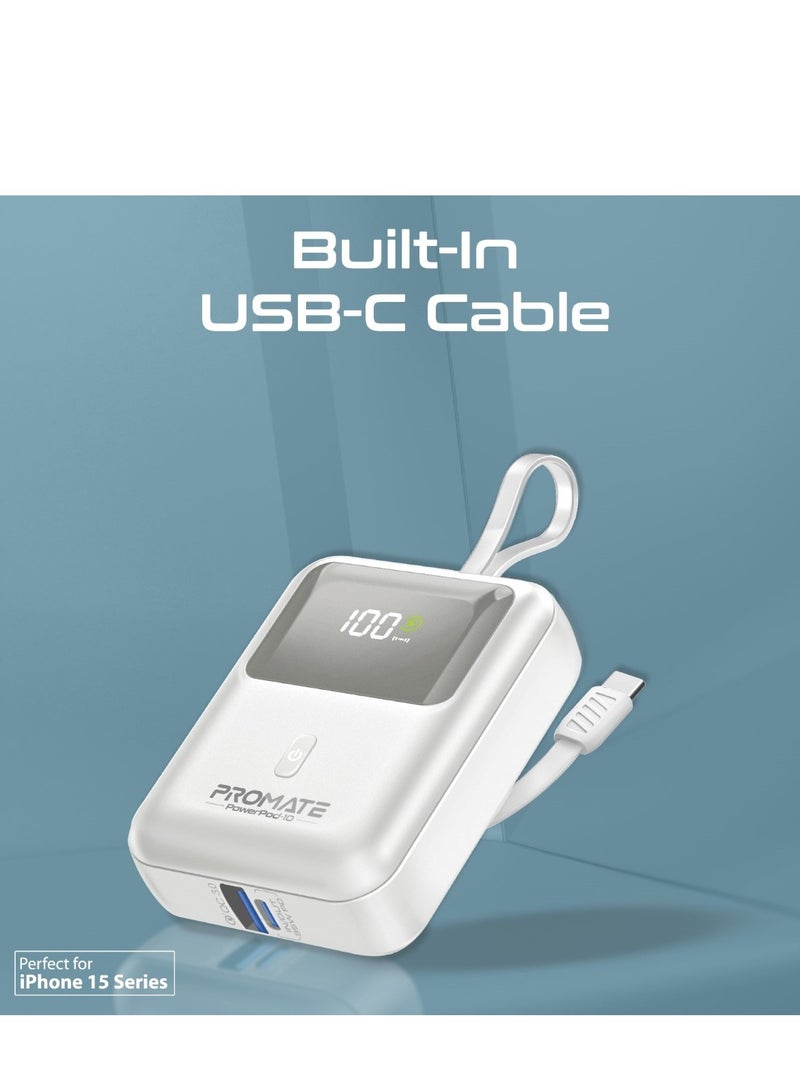 PROMATE - 10000 mAh Power Bank, Universal Ultra-Compact Portable Charger, Built-In, 35W USB-C Power Delivery Port And 18W USB-A QC 3.0 Port For iPhone 16, Galaxy S25, Powerpod-10 - White - Image 1