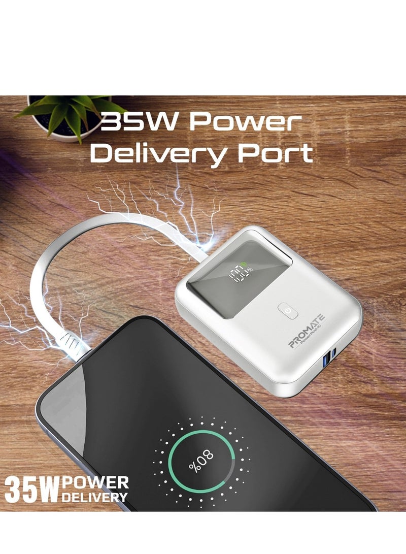 PROMATE - 10000 mAh Power Bank, Universal Ultra-Compact Portable Charger, Built-In, 35W USB-C Power Delivery Port And 18W USB-A QC 3.0 Port For iPhone 16, Galaxy S25, Powerpod-10 - White - Image 1