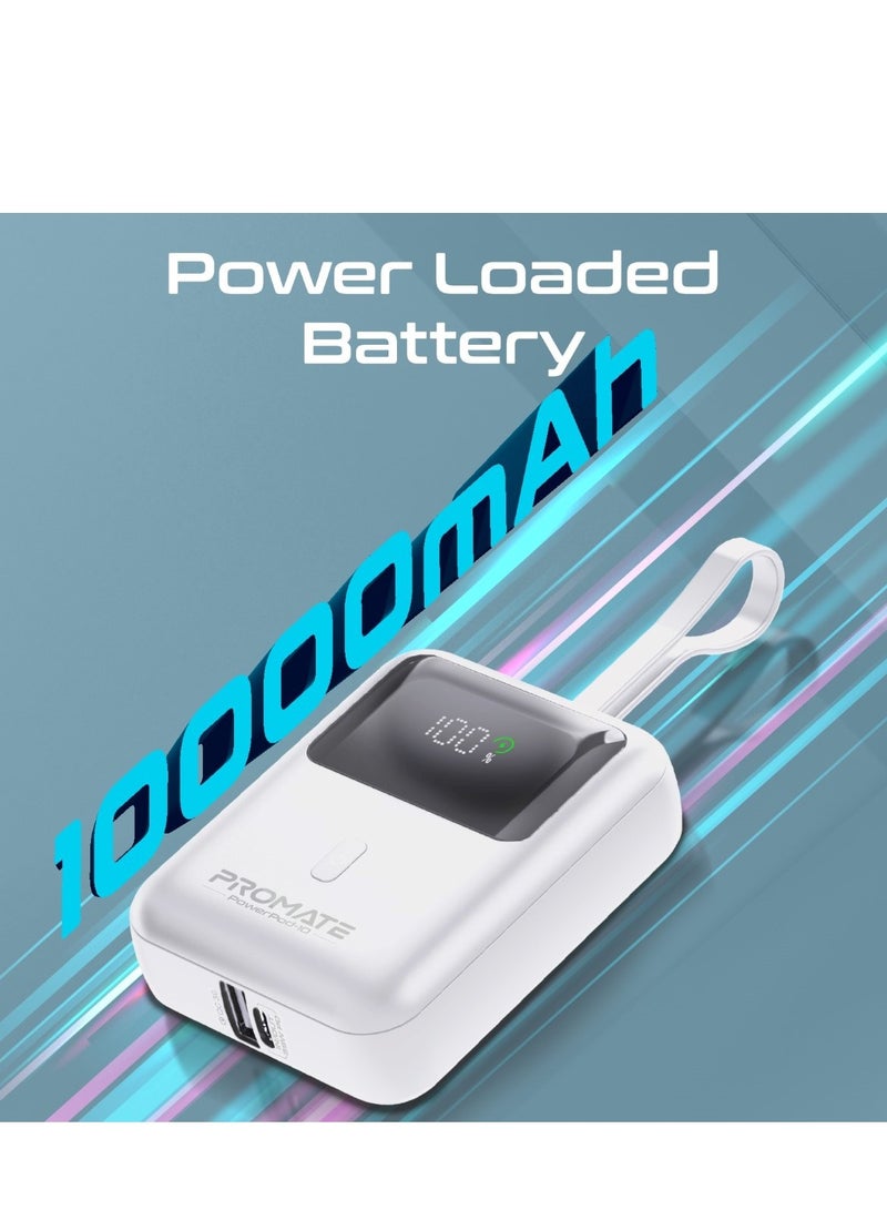 PROMATE - 10000 mAh Power Bank, Universal Ultra-Compact Portable Charger, Built-In, 35W USB-C Power Delivery Port And 18W USB-A QC 3.0 Port For iPhone 16, Galaxy S25, Powerpod-10 - White - Image 1