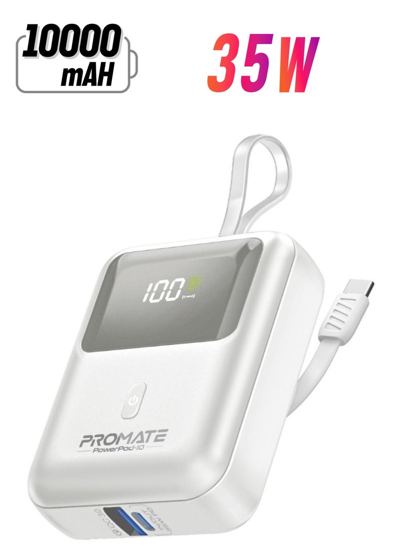 PROMATE - 10000 mAh Power Bank, Universal Ultra-Compact Portable Charger, Built-In, 35W USB-C Power Delivery Port And 18W USB-A QC 3.0 Port For iPhone 16, Galaxy S25, Powerpod-10 - White - Image 1