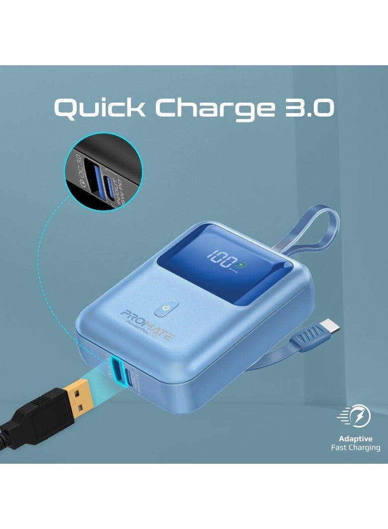 PROMATE - 10000 mAh 10000 mAh Power Bank, Universal Ultra-Compact Portable Charger, Built-In 35W USB-C Cable, 35W USB-C Power Delivery Port And 18W USB-A QC 3.0 Port for iPhone 16, Galaxy S25, Powerpod-10 - Blue - Image 1