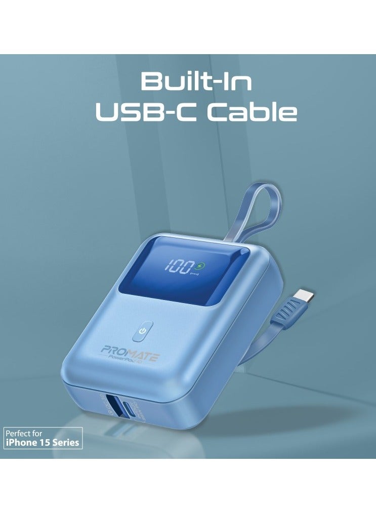 PROMATE - 10000 mAh 10000 mAh Power Bank, Universal Ultra-Compact Portable Charger, Built-In 35W USB-C Cable, 35W USB-C Power Delivery Port And 18W USB-A QC 3.0 Port for iPhone 16, Galaxy S25, Powerpod-10 - Blue - Image 1