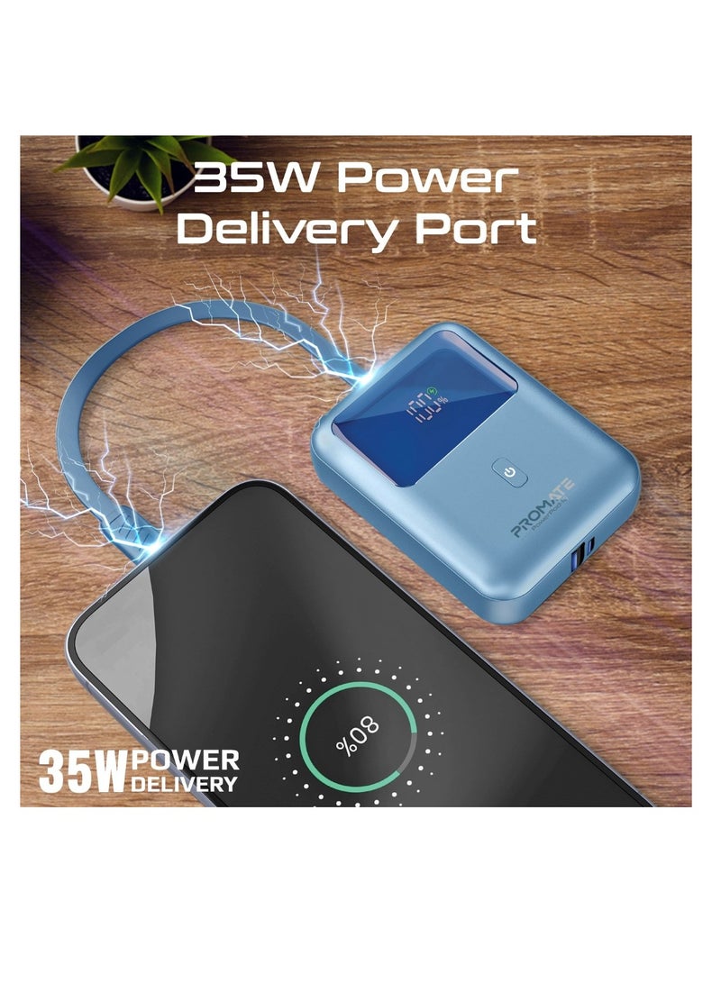 PROMATE - 10000 mAh 10000 mAh Power Bank, Universal Ultra-Compact Portable Charger, Built-In 35W USB-C Cable, 35W USB-C Power Delivery Port And 18W USB-A QC 3.0 Port for iPhone 16, Galaxy S25, Powerpod-10 - Blue - Image 1