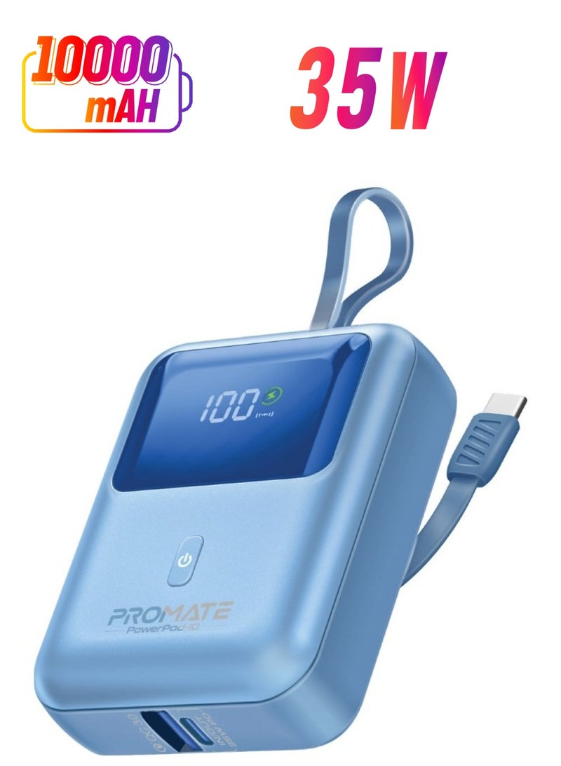 PROMATE - 10000 mAh 10000 mAh Power Bank, Universal Ultra-Compact Portable Charger, Built-In 35W USB-C Cable, 35W USB-C Power Delivery Port And 18W USB-A QC 3.0 Port for iPhone 16, Galaxy S25, Powerpod-10 - Blue - Image 1