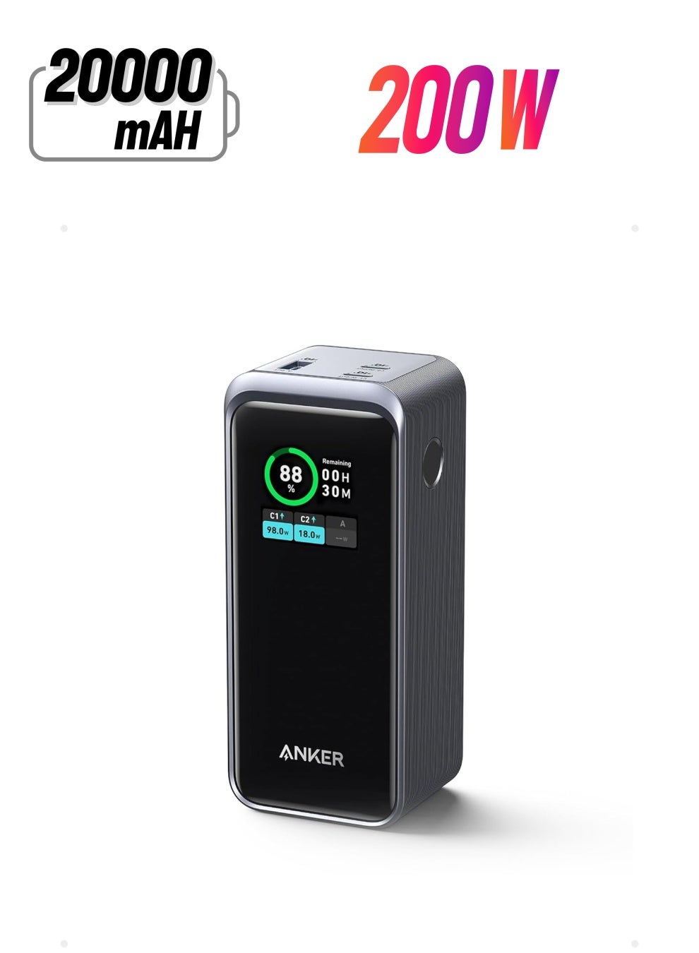 Anker 20000 mAh Prime Power Bank, Portable Charger With 200W Output, Smart Digital Display, 2 USB-C And 1 USB-A Port Compatible With iPhone 15/14 Series, Samsung, Dell, And More Black 