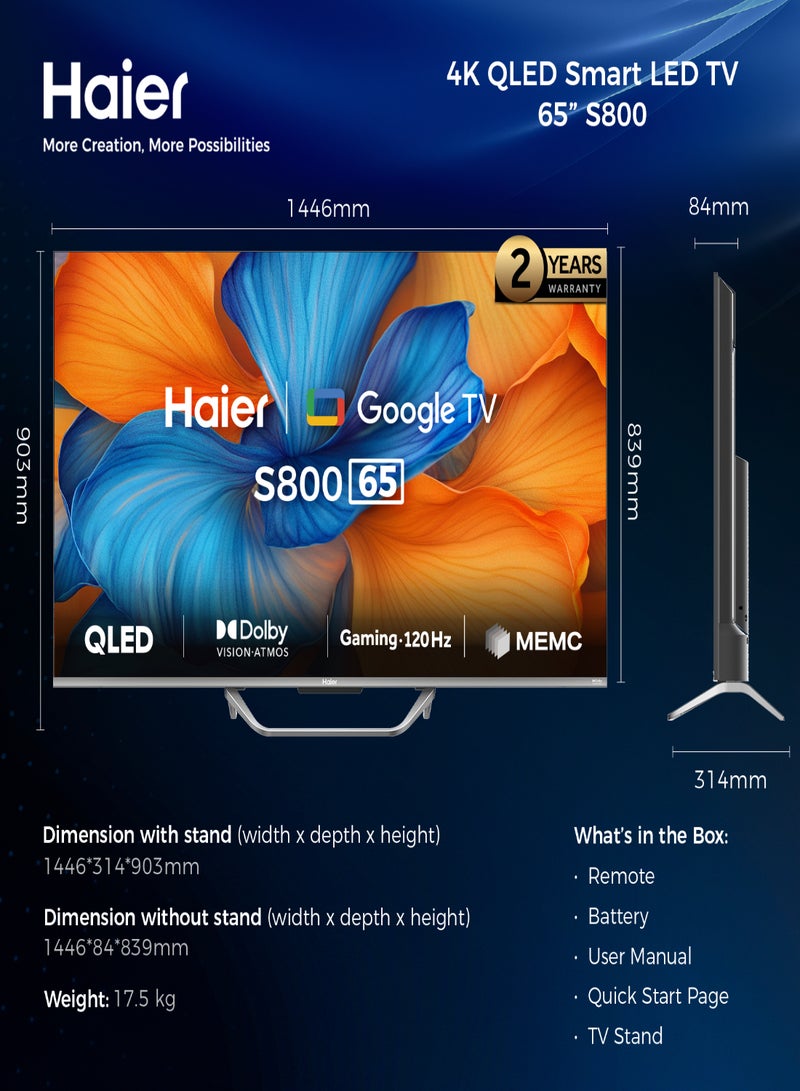 هاير - تلفزيون جوجل كيو ال اي دي 65 بوصة H65S800UX اسود - Image 1