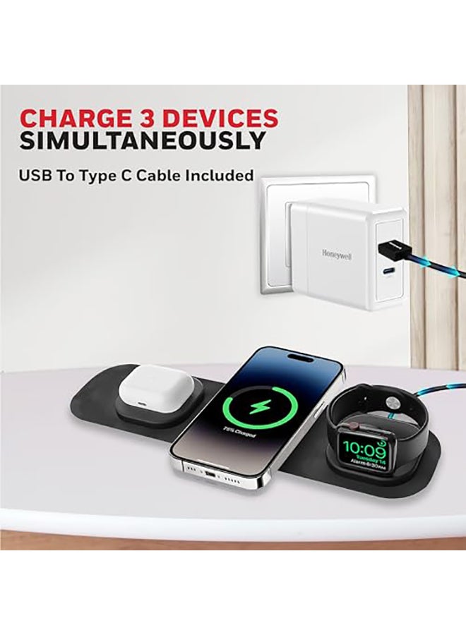 Honeywell - Zest Wireless 3In1 Foldable Magsafe Compatible 15W Wireless Charger For Iphone 1215 Supports Qc 3 All Apple Watch Series Airpods 2 3 Pro Ultrafast Charging Up To 15W Black Black - Image 1