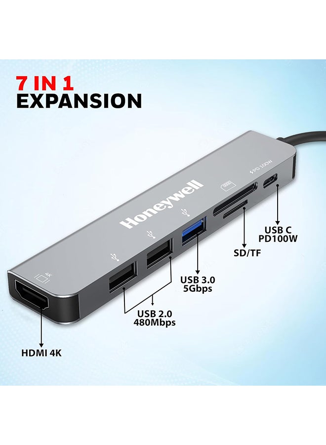 Honeywell - 7-in-1 TypeC Docking Station with 4K HDMI,1xUSB 3.0,2xUSB 2.0 & TypeC 3.0 PD Charging 100W Port, SD & Micro SD Slot, for All Type C Devices- MacBook Laptop, PC, Thunderbolt 3 Grey/Black - Image 1