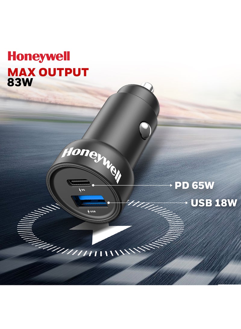 Honeywell 83W Ultrafast Car Charger Dual Port 65W Type C Pd And 18W Usb A Port For Laptop Hp Dell Google Pixel Iphone Series 16/15/14/13/12/11 Samsung Ipad And Oneplus With Pps Support Black Black  - Image 1