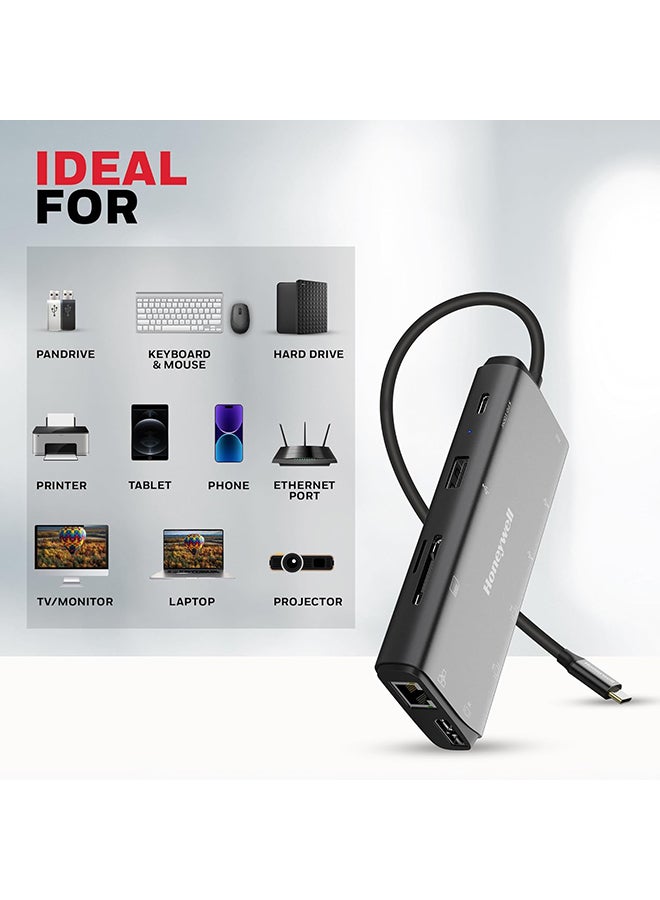 Honeywell - 11-in-1 TypeC Multiport Dock With Dual 4K HDMI,DP,RJ45 Ethernet Port,2xUSB 3.0 And TypeC 3.0,3.5 mm Audio Ports,SD And MicroSD Slot,Compatible With Laptop, PC, Dell, HP, Macbook Grey/Black - Image 1