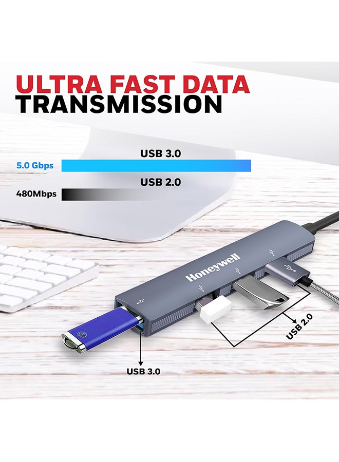 هوني ويل 4In1 Usb Hub 1Xusb 3.0 And 3 X Usb 2.0 Ports 30Cms Cable Datatransfer Speed Upto 5Gbps Universally Compatible With All Usb Pc Speaker Laptop Hard Drive Keyboard Grey/Black Grey/Black  - Image 3