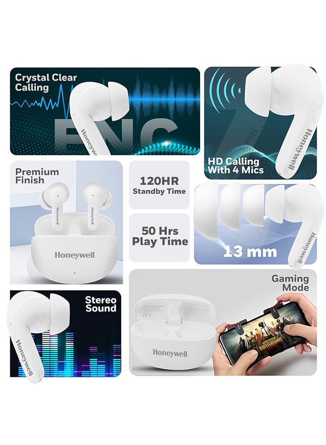 Honeywell - Suono P2100 Bluetooth TWS Earbuds with 50H of Playtime, ENC Mode, 4xMics, Type C Fast Charging, Low Latency Mode for Gaming, Bluetooth V5.3, 13mm*2 Drivers, Voice Assistant,2 Years Warranty White - Image 1