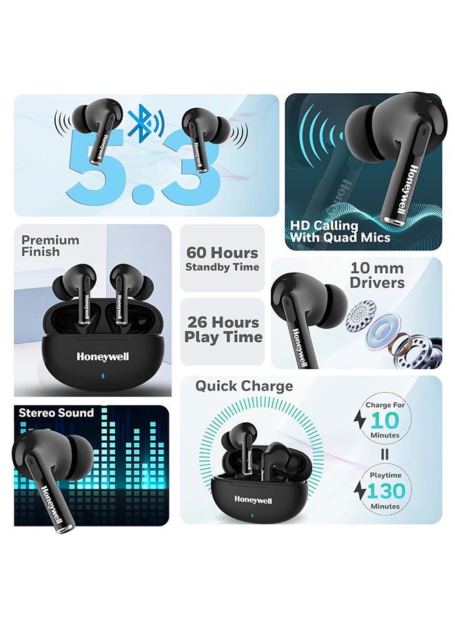 Honeywell - Moxie V1200 Bluetooth TWS Earbuds with 26H of Playtime, Type C Fast Charging, IPx4 Water Resistant, Bluetooth V5.3, 13mm*2 Drivers, Voice Assistant, 2 Years Manufacturer Warranty - Black - Image 1