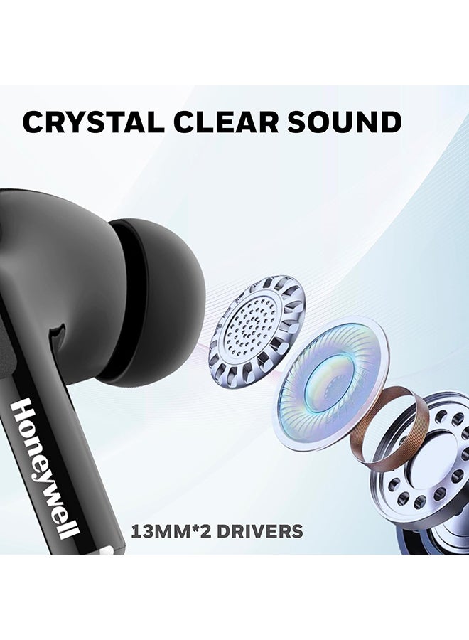 Honeywell - Moxie V1200 Bluetooth TWS Earbuds with 26H of Playtime, Type C Fast Charging, IPx4 Water Resistant, Bluetooth V5.3, 13mm*2 Drivers, Voice Assistant, 2 Years Manufacturer Warranty - Black - Image 1