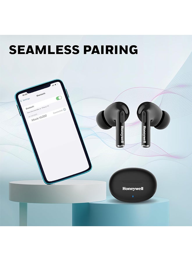 Honeywell - Moxie V1200 Bluetooth TWS Earbuds with 26H of Playtime, Type C Fast Charging, IPx4 Water Resistant, Bluetooth V5.3, 13mm*2 Drivers, Voice Assistant, 2 Years Manufacturer Warranty - Black - Image 1