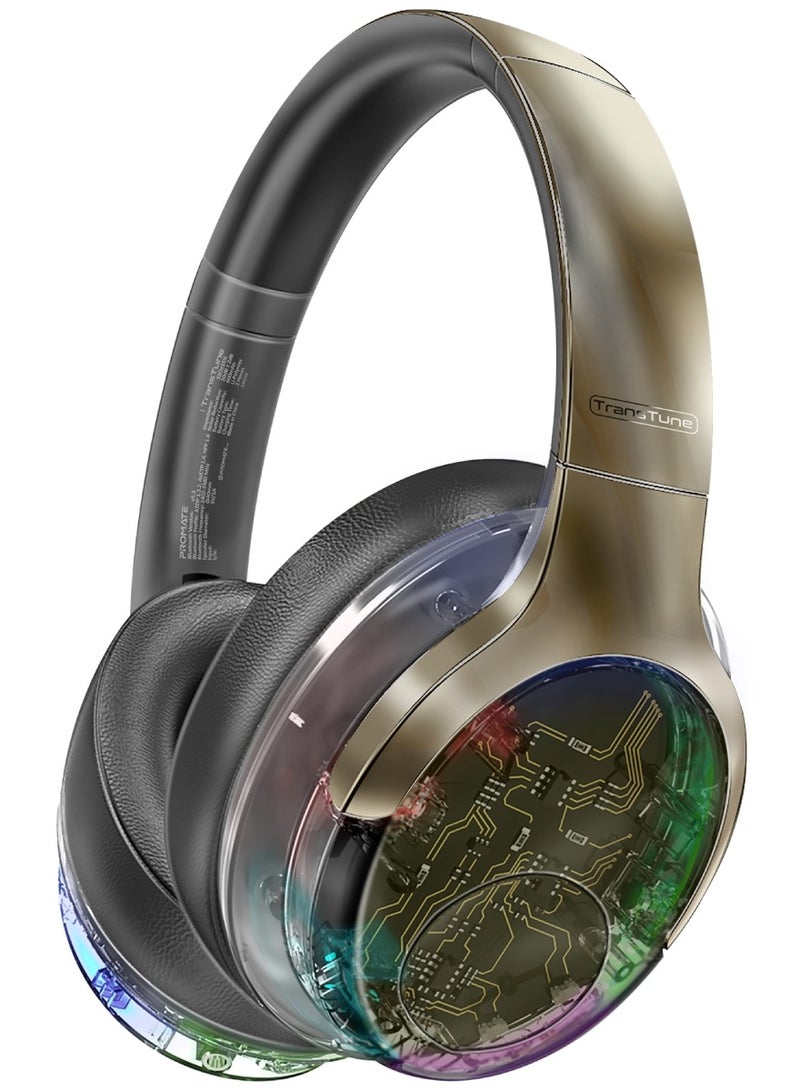 PROMATE Wireless Headphones, Hi-Fidelity Transparent ANC Bluetooth v5.3 Headset with RGB Lights, Mic, Foldable Design, 40H Playtime, 600mAh Battery, and 3.5mm Jack Grey  - Image 1