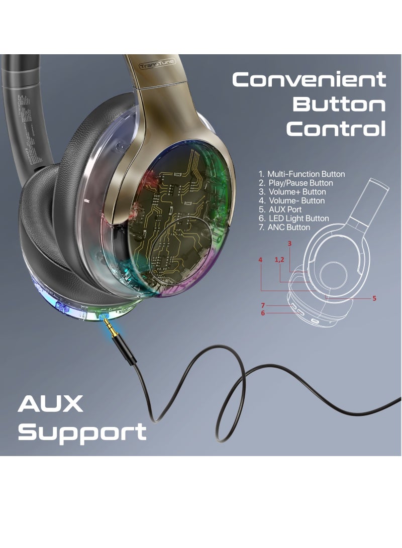 Wireless Headphones, Hi-Fidelity Transparent ANC Bluetooth v5.3 Headset with RGB Lights, Mic, Foldable Design, 40H Playtime, 600mAh Battery, and 3.5mm Jack Grey