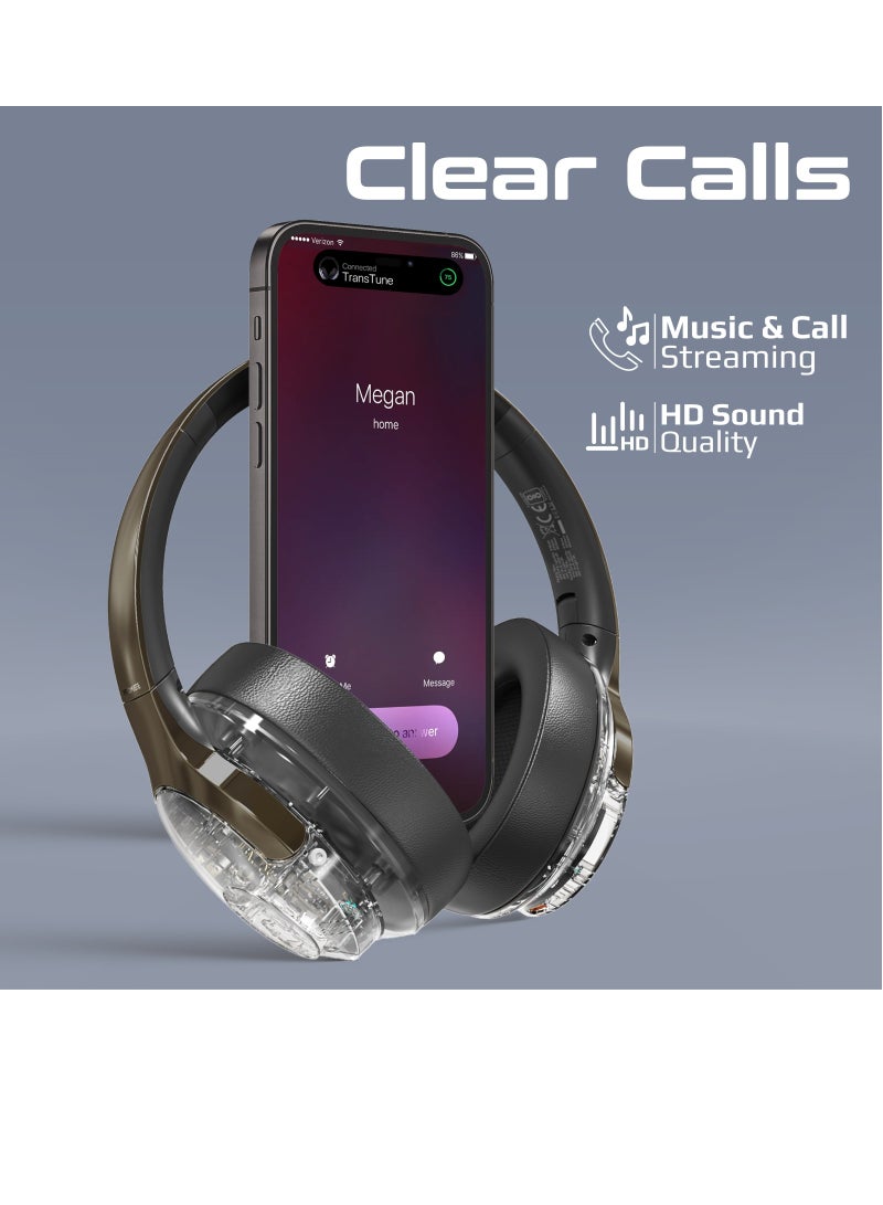 Wireless Headphones, Hi-Fidelity Transparent ANC Bluetooth v5.3 Headset with RGB Lights, Mic, Foldable Design, 40H Playtime, 600mAh Battery, and 3.5mm Jack Grey