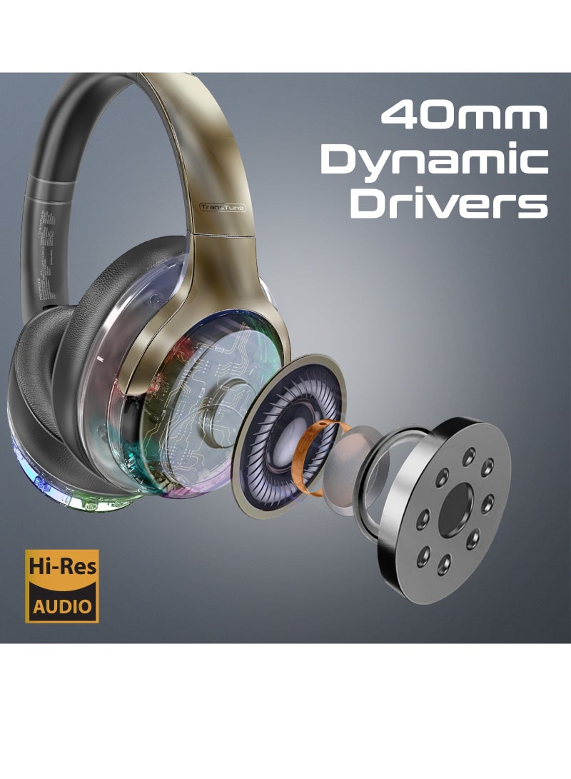 PROMATE Wireless Headphones, Hi-Fidelity Transparent ANC Bluetooth v5.3 Headset with RGB Lights, Mic, Foldable Design, 40H Playtime, 600mAh Battery, and 3.5mm Jack Grey  - Image 2
