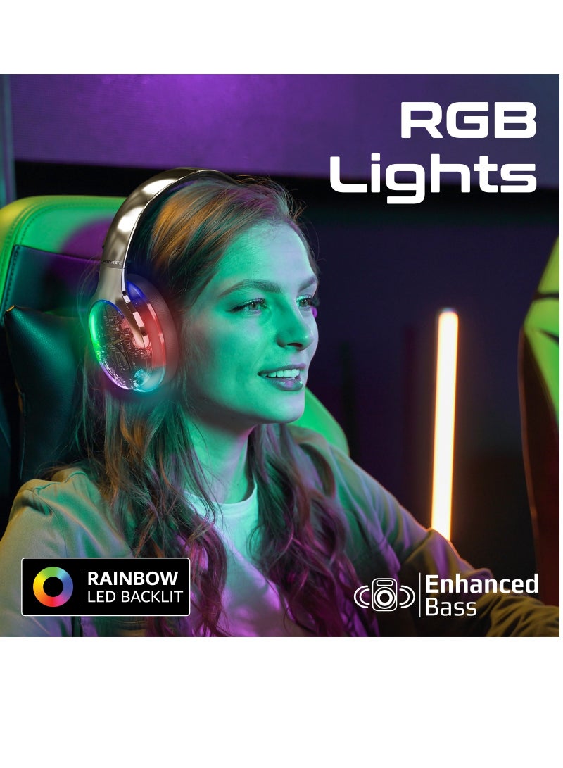 PROMATE Wireless Headphones, Hi-Fidelity Transparent ANC Bluetooth v5.3 Headset with RGB Lights, Mic, Foldable Design, 40H Playtime, 600mAh Battery, and 3.5mm Jack Grey  - Image 3