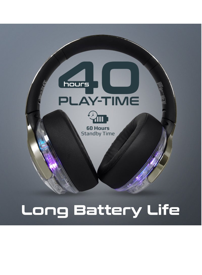 Wireless Headphones, Hi-Fidelity Transparent ANC Bluetooth v5.3 Headset with RGB Lights, Mic, Foldable Design, 40H Playtime, 600mAh Battery, and 3.5mm Jack Grey