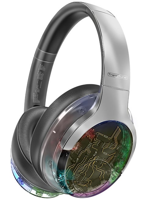 Wireless Headphones, Hi-Fidelity Transparent ANC Bluetooth v5.3 Headset with RGB Lights, Mic, Foldable Design, 40H Playtime, 600mAh Battery, and 3.5mm Jack for iPhone, Galaxy, TransTune Silver