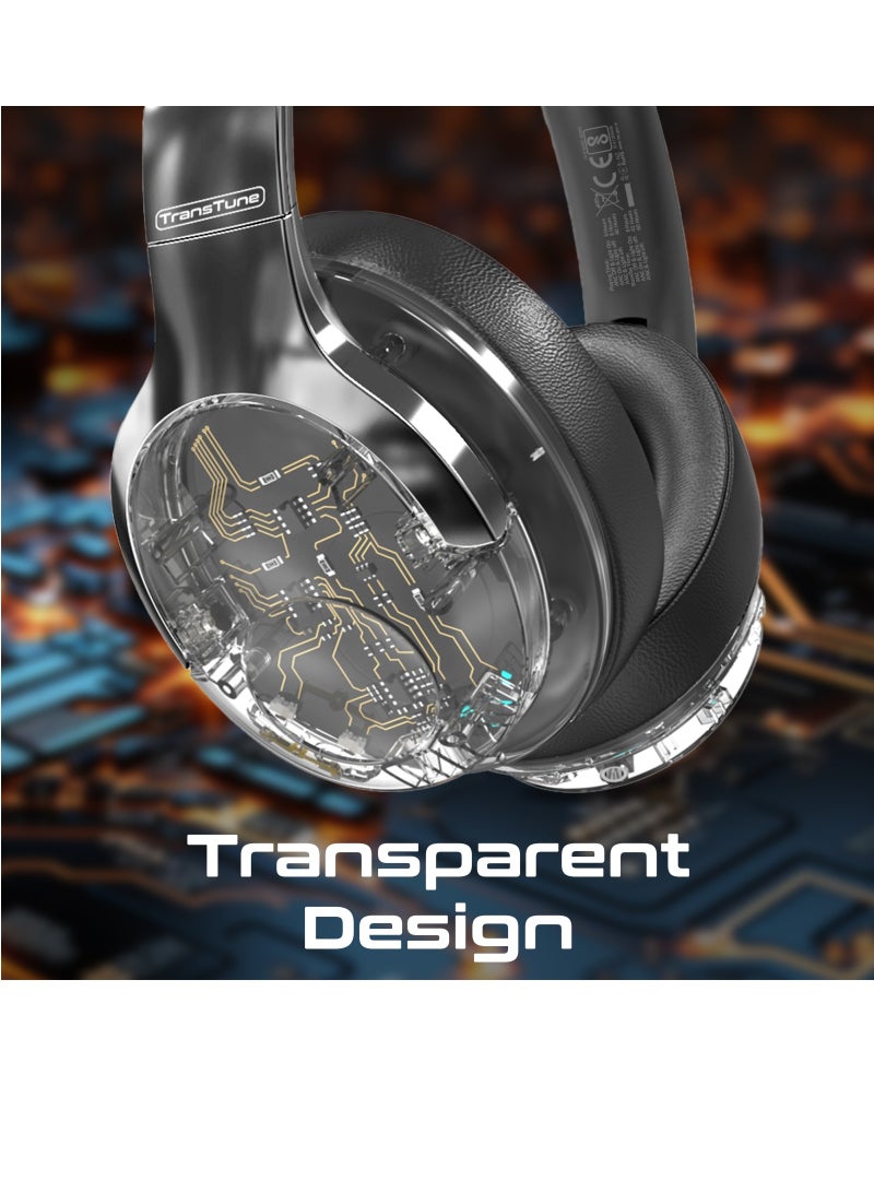 PROMATE - Wireless Headphones, Hi-Fidelity Transparent ANC Bluetooth v5.3 Headset with RGB Lights, Mic, Foldable Design, 40H Playtime, 600mAh Battery, and 3.5mm Jack for iPhone, Galaxy, TransTune Silver - Image 1