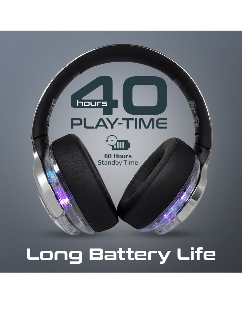 PROMATE - Wireless Headphones, Hi-Fidelity Transparent ANC Bluetooth v5.3 Headset with RGB Lights, Mic, Foldable Design, 40H Playtime, 600mAh Battery, and 3.5mm Jack for iPhone, Galaxy, TransTune Silver - Image 1