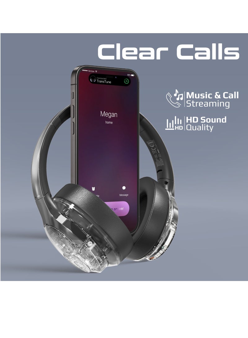 PROMATE - Wireless Headphones, Hi-Fidelity Transparent ANC Bluetooth v5.3 Headset with RGB Lights, Mic, Foldable Design, 40H Playtime, 600mAh Battery, and 3.5mm Jack for iPhone, Galaxy, TransTune Silver - Image 1