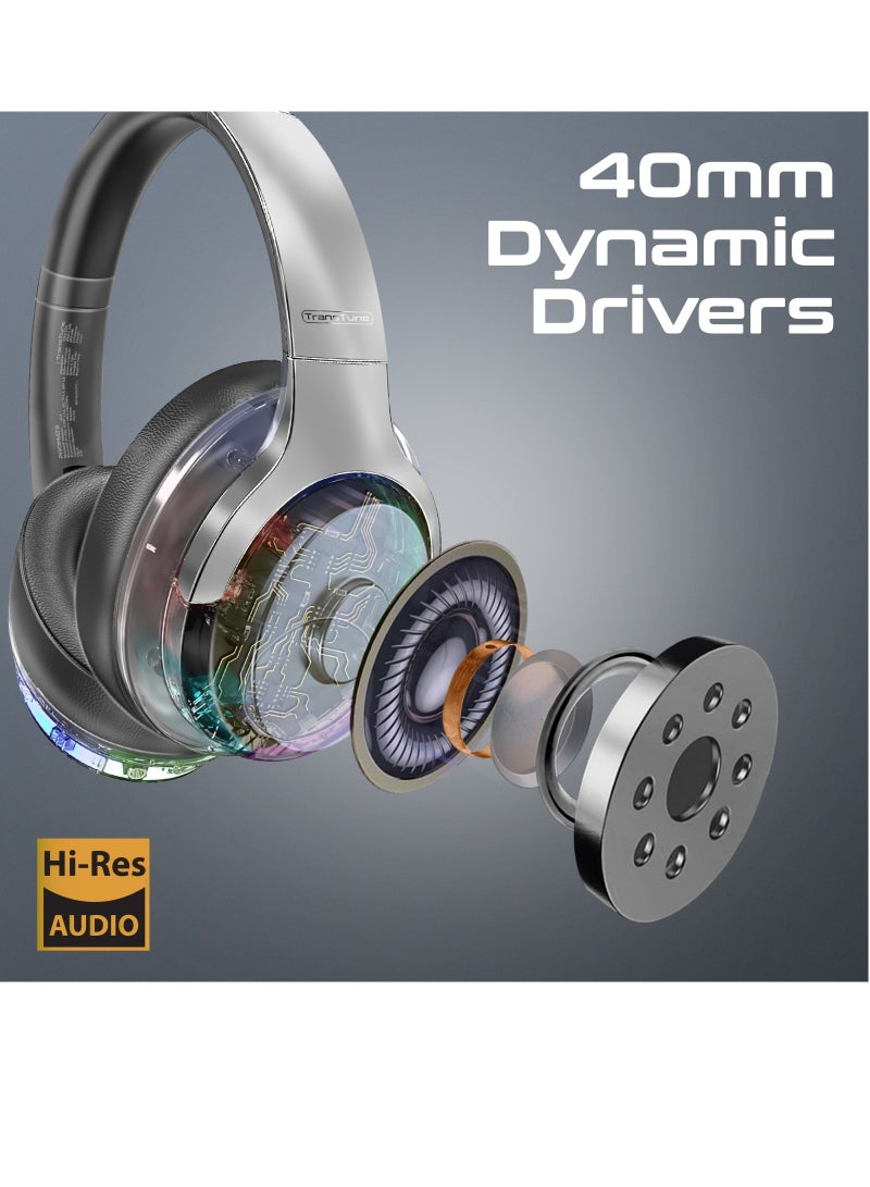 PROMATE - Wireless Headphones, Hi-Fidelity Transparent ANC Bluetooth v5.3 Headset with RGB Lights, Mic, Foldable Design, 40H Playtime, 600mAh Battery, and 3.5mm Jack for iPhone, Galaxy, TransTune Silver - Image 1