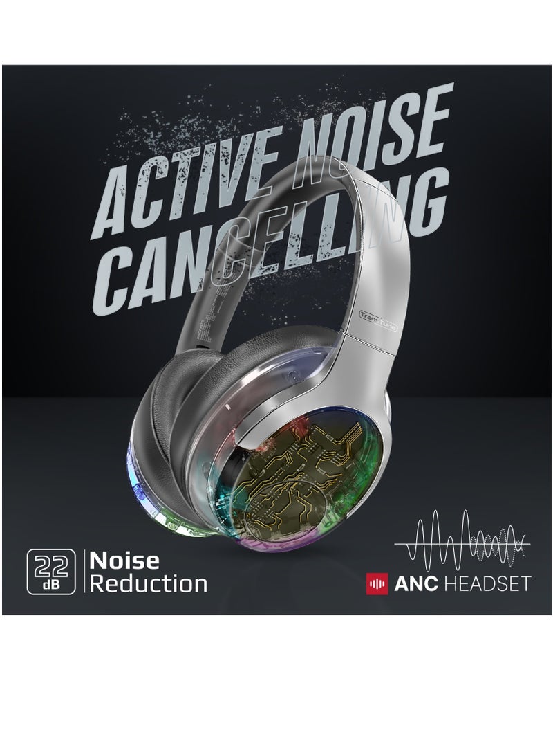 PROMATE - Wireless Headphones, Hi-Fidelity Transparent ANC Bluetooth v5.3 Headset with RGB Lights, Mic, Foldable Design, 40H Playtime, 600mAh Battery, and 3.5mm Jack for iPhone, Galaxy, TransTune Silver - Image 1