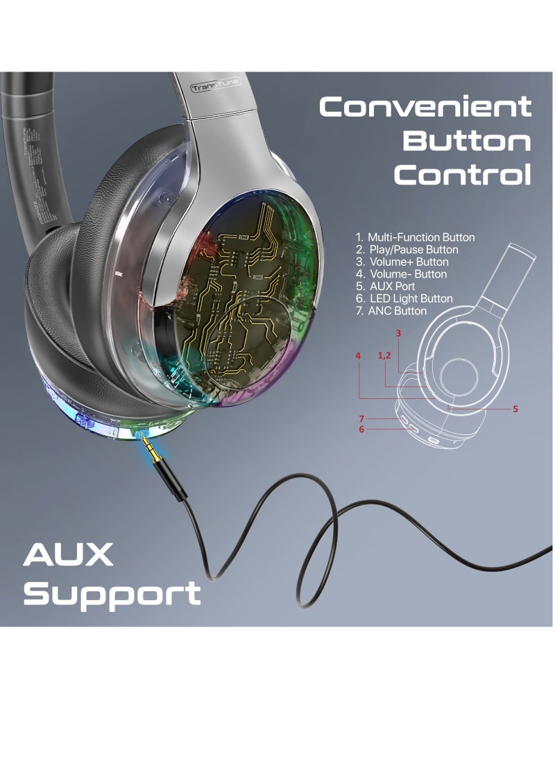 PROMATE - Wireless Headphones, Hi-Fidelity Transparent ANC Bluetooth v5.3 Headset with RGB Lights, Mic, Foldable Design, 40H Playtime, 600mAh Battery, and 3.5mm Jack for iPhone, Galaxy, TransTune Silver - Image 1