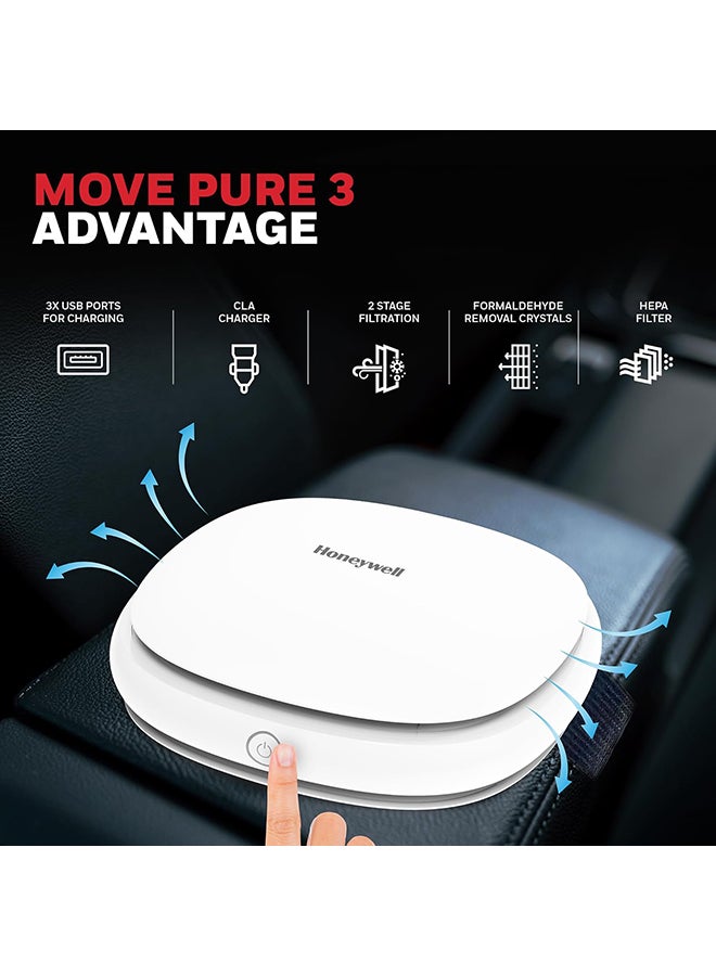 Honeywell - Move Pure3 Car Air Purifier,Hepa filter& Ionizer which removes 99.9% PM0.1 particles, pollutants,allergies,dust & smoke,CADR upto24 m³/h. with 3xUSB Charging ports, 2Yrs Manufacturer Warranty HC000024/AP/PURE3 White - Image 1