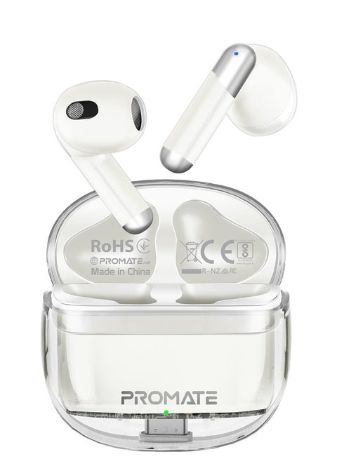 Earbuds, In-Ear True Wireless Bluetooth v5.3 Earphones with Transparent Case, 26-hour Playback Time, Intelligent Touch Controls and 350mAh Battery Capacity for iPhone, Galaxy, TransPods White