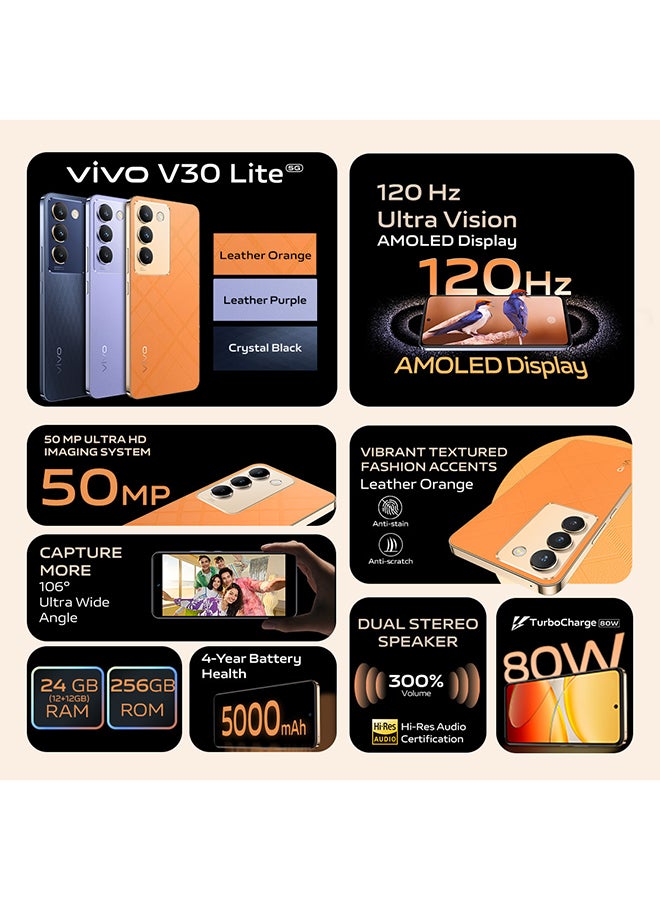 vivo - V30 Lite 5G Dual Sim Leather Orange 12Gb+12Gb Ram 256Gb With Exclusive Gifts Earbuds, Smart Fitness Band, 80W Charger And 24 Months Warranty + 1 Year Screen Replacement - Middle East Version - Image 1