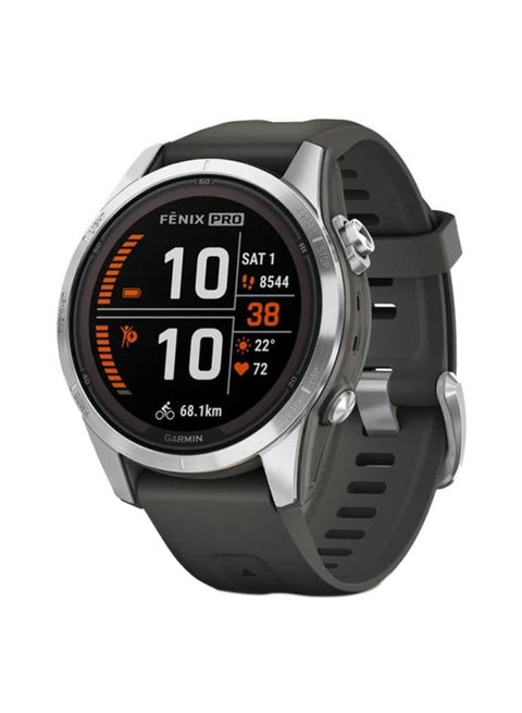 Fenix 7S Pro - 42MM - Solar Edition - Up To 14 Days Battery Life - 1.2"inch Sunlight-Visible  Display, Scratch Resistant, Power Glass™, Heart Rate Monitor, All Day Stress Monitor, Power Glass Solar Charging Lens, Advanced GPS Features, iOS and Android Compatible Silver Stainless Steel with Graphite Band